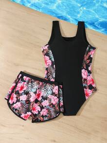 SHEIN 1件少女碎花拼接连体泳衣，配运动短裤，时尚休闲优雅泳装，适合游泳、度假、夏季穿着（印花图案可能有所不同） - 黑色 - 查看 2