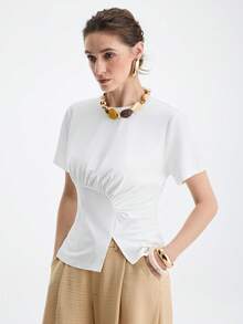Aalyst Damen elegantes Pendler-Lässig-Büro-Raffungen-asymmetrischer Saum T-Shirt - Weiss - Übersicht 1
