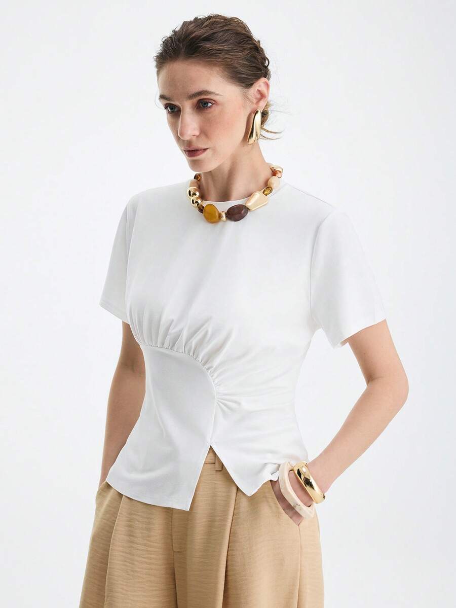 Aalyst Damen elegantes Pendler-Lässig-Büro-Raffungen-asymmetrischer Saum T-Shirt - Weiss - Übersicht 1