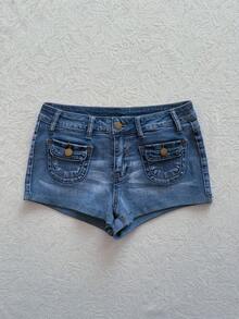 Elamini 女士休闲水洗牛仔短裤，夏季 - 藍色 - 查看 4