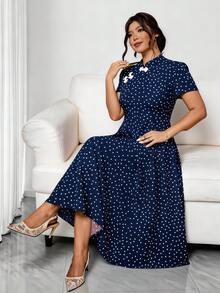 Elenzga Vestido elegante de manga corta con botones y estampado de lunares para mujer de talla grande, adecuado para el Día de San Valentín - Azul Marino - Ver 4
