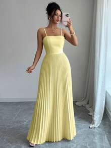 Elenzga Women's Elegant Solid Color Pleated Hem Sleeveless Dress, Summer - Light Yellow - View 5