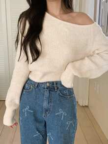 DAZY Women's Solid Color Oblique Shoulder Loose Knit Sweater, Spring And Autumn - Apricot - View 8