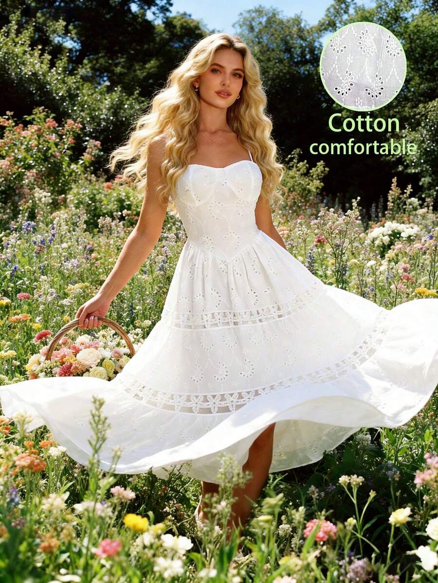 Glamine Charm 花卉装饰提花拼接收腰纯色长款连衣裙，适合海滩度假复古休闲春夏穿搭，日常旅行搭配，大A字露背性感女士时尚优雅白色长裙，春夏必备 - 白色 - 查看 1