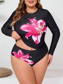 SHEIN CURVE+ Bộ đồ bơi tankini dài tay in hoa dành cho nữ cỡ lớn, thích hợp đi biển, nghỉ mát. - màu đen - Xem 3