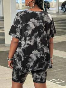 SHEIN CURVE+ 返校季休閒極簡黑色圖案兩件套，適合夏季戶外穿著，大尺碼，夏季運動正式度假穿搭 - 黑色 - 查看 2