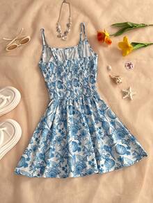 SHEIN Sweetro Đầm nữ mùa hè dây mảnh cổ vuông in họa tiết biển xanh, eo nhún. - Màu xanh lam - Xem 2