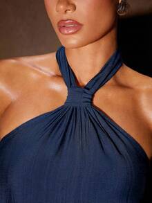 Hauture Elegant Solid Color Backless Halter Dress, Summer - Navy Blue - View 4