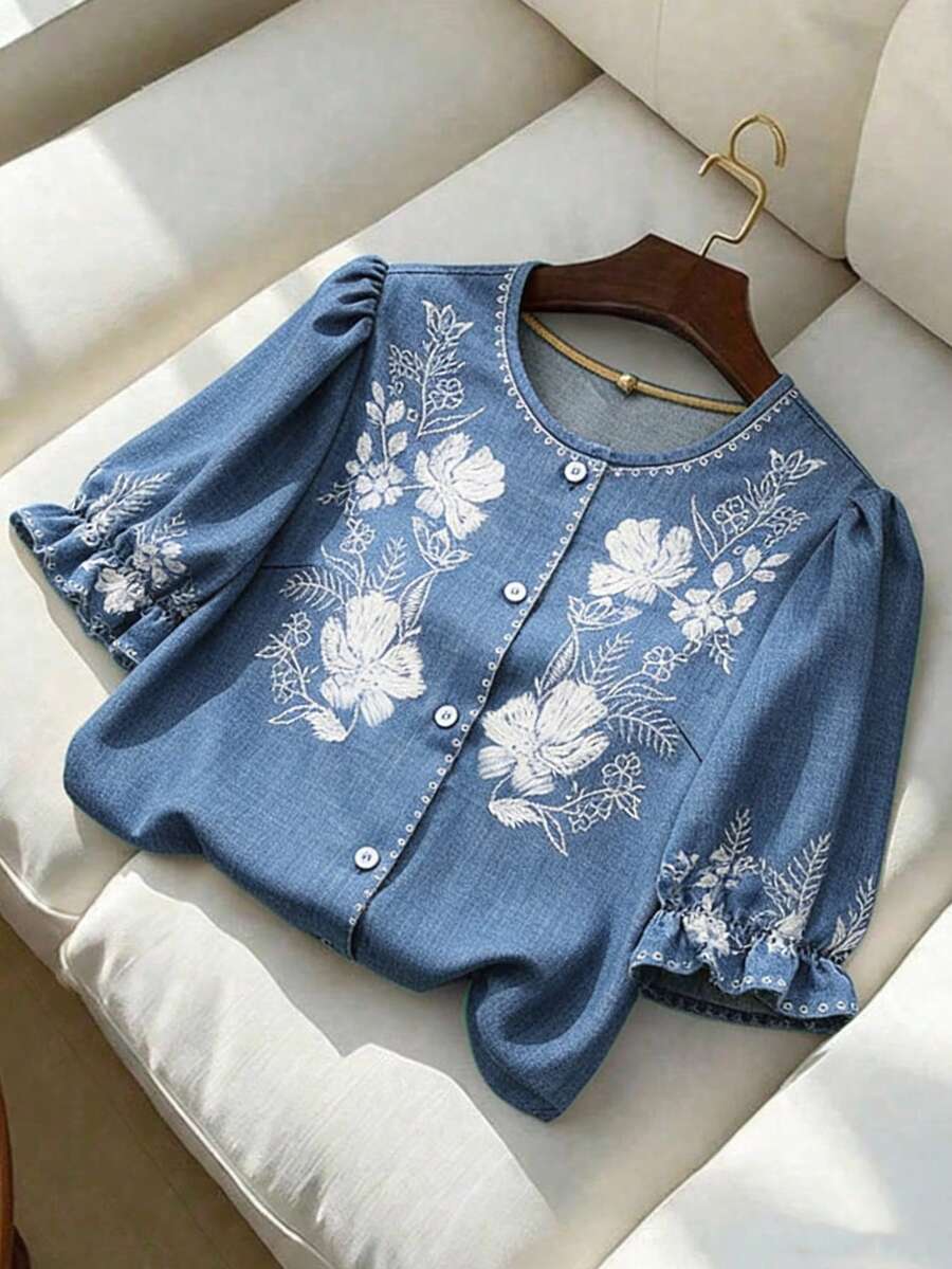 Franclia Áo sơ mi nữ màu xanh dương thanh lịch, đa năng, cổ tròn, mở phía trước, tay phồng, in họa tiết. - Màu xanh lam - Xem 1