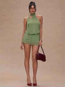 SHEIN BAE Women's Polka Dot Print Fashionable Backless Halter Mini Dress,Summer Dresses For Women - Olive Green - View 3