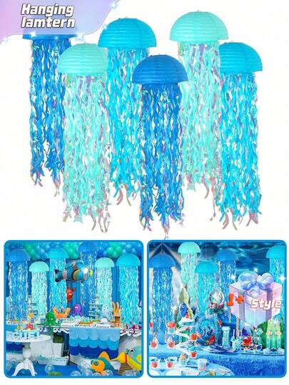 3 Pieces Blue Hanging Jellyfish Paper Lanterns, Gradient Colored Paper Lanterns For Mermaid Theme Party, Undersea Ocean Birthday Decorations, Shower Garland Mermaid Party Decorations, Colorful Blue Hanging Streamers For Birthday, Baptism, Wedding, Party Decorations, Wall Decorations, Ornaments