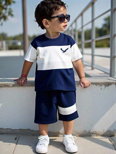 2件套男童夏季撞色拼接鸟类印花T恤和短裤