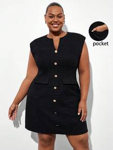 Chikora 大码简约针织提花短袖修身连衣裙，夏季连衣裙 - 黑色 - 查看 5