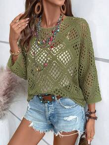 EMERY ROSE 女士休闲纯色镂空长袖毛衣 - 軍綠色 - 查看 5