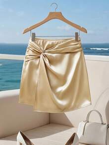 Eryvara 女士休闲通勤优雅时尚年轻简约百搭系带松紧腰半身裙，春夏款 - 香檳色 - 查看 3