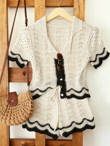 Lyxana New European & American Fashion Mixed Color Chic Versatile Knitted Top & Shorts Set - Apricot - View 3