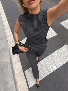 Siren Gaze 夏季時尚條紋無袖修身上衣 + 高腰寬腿長褲兩件式女裝套裝，優雅專業風格套裝，休閒辦公穿搭，顯瘦且精緻成熟風格辦公商務女裝套裝，女裝工作服整體女裝正式優雅套裝女裝商務休閒女裝穿搭 - 灰色 - 查看 6