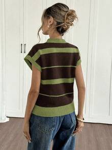 Siren Gaze 女士条纹短袖休闲宽松针织衫 抹茶绿 女士休闲套装 条纹上衣 Polo领短袖上衣 羊毛衫 - 綠色 - 查看 2