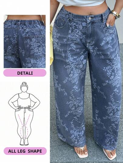Dazy Plus Jeans casuales de pierna recta y holgados con estampado floral, estilo callejero, para todas las estaciones
