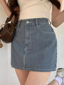 Chân váy denim ngắn dáng suông kẻ sọc kiểu dáng thường ngày dành cho nữ, thích hợp cho mùa hè. - Rửa trung bình - Xem 6