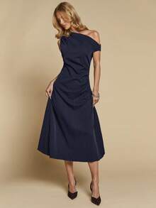 COSMINA 女士优雅通勤不对称领条纹中长连衣裙，斜肩设计，适合工作场合，简约实用，无袖设计，棕色条纹，办公室连衣裙，时尚女装，春夏连衣裙 - 藏蓝色 - 查看 1