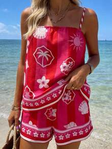 Vaclyn Women's Casual Vacation Style Palm Tree Print Camisole And Shorts Set - Red - View 5