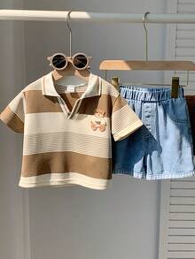 SHEIN 2pcs Baby Boy Summer Casual Khaki Striped Polo Shirt And Blue Denim Shorts Set - Multicolor - View 3