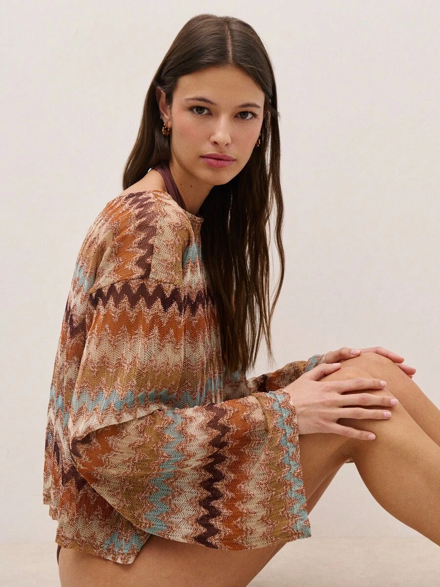 Nöista Suéter acogedor con un suave patrón de zigzag en tonos marrones terrosos, diseñado con un ajuste relajado y ligeramente cuadrado. Mangas largas para uso diario. Cubre prendas de playa, para capas, bikini, fiesta en la piscina. Vacaciones de lujo, salir, boda, fiesta, festival, vacaciones, verano. - Multicolor - Ver 1