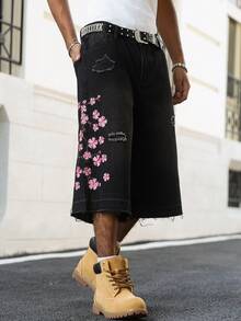 Manfinity EMRG Men's Street Fashion Casual Distressed Embroidered Black Denim Shorts - Black - View 5