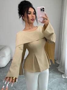Elenzga 春季优雅女士披肩领二合一卡其色长袖衬衫，收腰设计，宽松下摆，复古休闲风，适合休闲、派对、工作等正式场合。 - 卡其色 - 查看 3