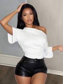 Slaydiva 春夏度假海滨优雅浪漫性感派对约会生日派对休闲优雅露肩宽松腰部褶皱白色T恤上衣 - 女士白色上衣 女士上衣和衬衫 Y2K修身衬衫 运动上衣 女士工作衬衫 - 白色 - 查看 6