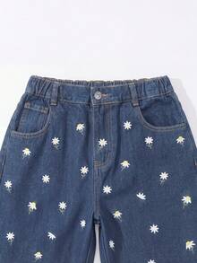 Sparklyn Quần jeans ống đứng rách rưới thêu hoa dành cho bé gái tuổi teen, quần denim mùa hè. - Rửa nhẹ - Xem 4