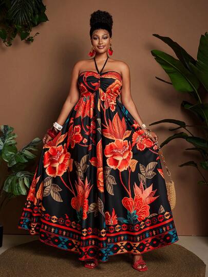 Maweii Abito da vacanza taglie forti da donna, stampa tropicale floreale a blocchi di colore, con lacci incrociati sulla parte anteriore, fiocco sulla schiena, vita elastica, adatto per vacanze, concerti, spiaggia, feste, appuntamenti, San Valentino