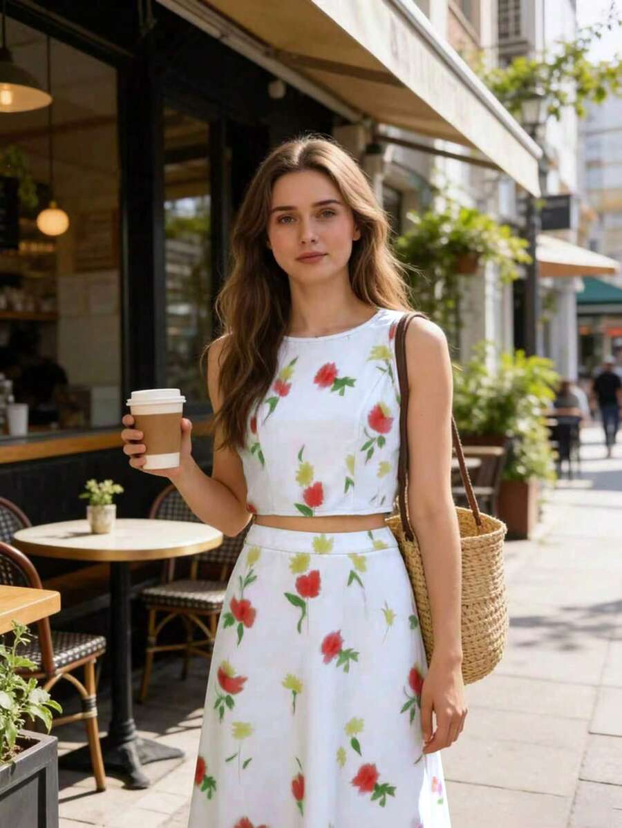 Balvessa 女士印花无袖短款衬衫+印花迷你裙两件套 - 白色 - 查看 1