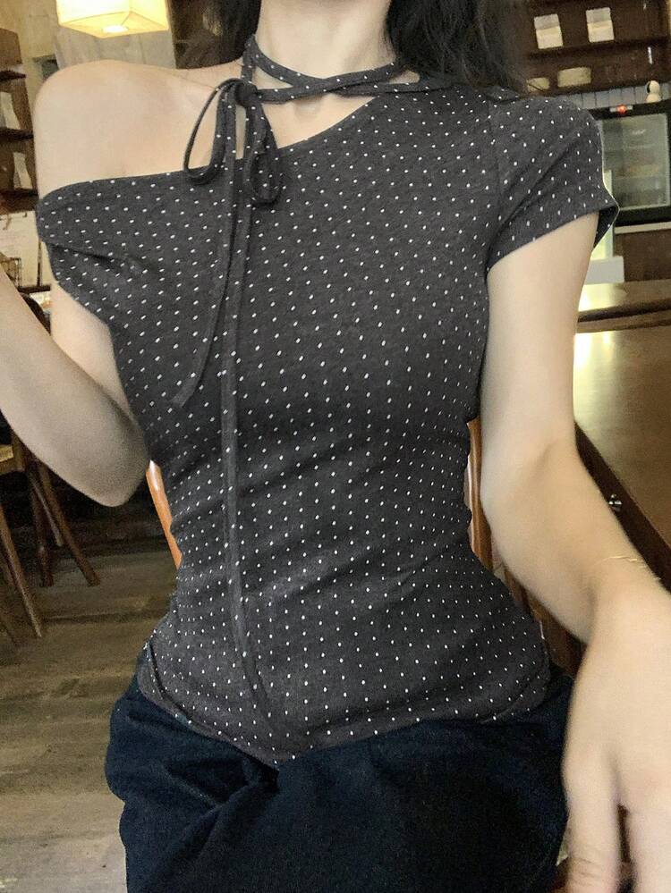 Women's Casual Asymmetrical Shoulder Tie-Neck Fitted Polka Dot Sleeveless T-Shirt Summer