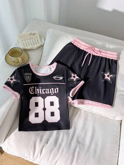 2 peças/Conjunto Conjunto Esportivo Ajustado para Adolescentes, Parte Superior Cropped com Estampa de Letra em Cores Contrastantes + Shorts de Cintura Elástica, Vitalidade Jovem