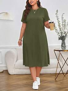 SHEIN Essnce Plus Size Solid Color Round Neck Regular Shoulder Short Sleeve Simple Slit Hem Summer Casual Dress - Army Green - View 5