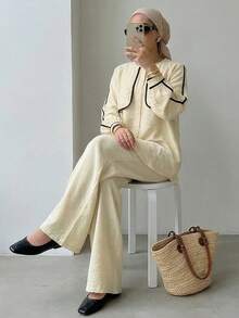 Solavon 女士休闲通勤撞色滚边衬衫和裤子两件套 - 杏色 - 查看 2