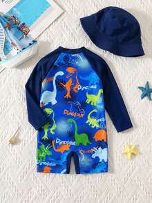 SHEIN 2pcs/Set Baby Boy/Girl Navy Blue Long Sleeve Swimsuit & Swim Cap,Cute Funny Ocean Shell Print,Summer Vacation Holiday Beach Pool Party Swimwear - Multicolor - View 2