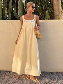 Livesso 女士优雅派对假日复活节无袖宽松棉质中长连衣裙，适合夏季度假 - 米色 - 查看 3