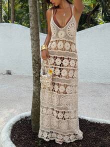 DAZY Vestido de playa informal de unicolor con diseño calado para mujer, ideal para cruceros - Albaricoque - Ver 1