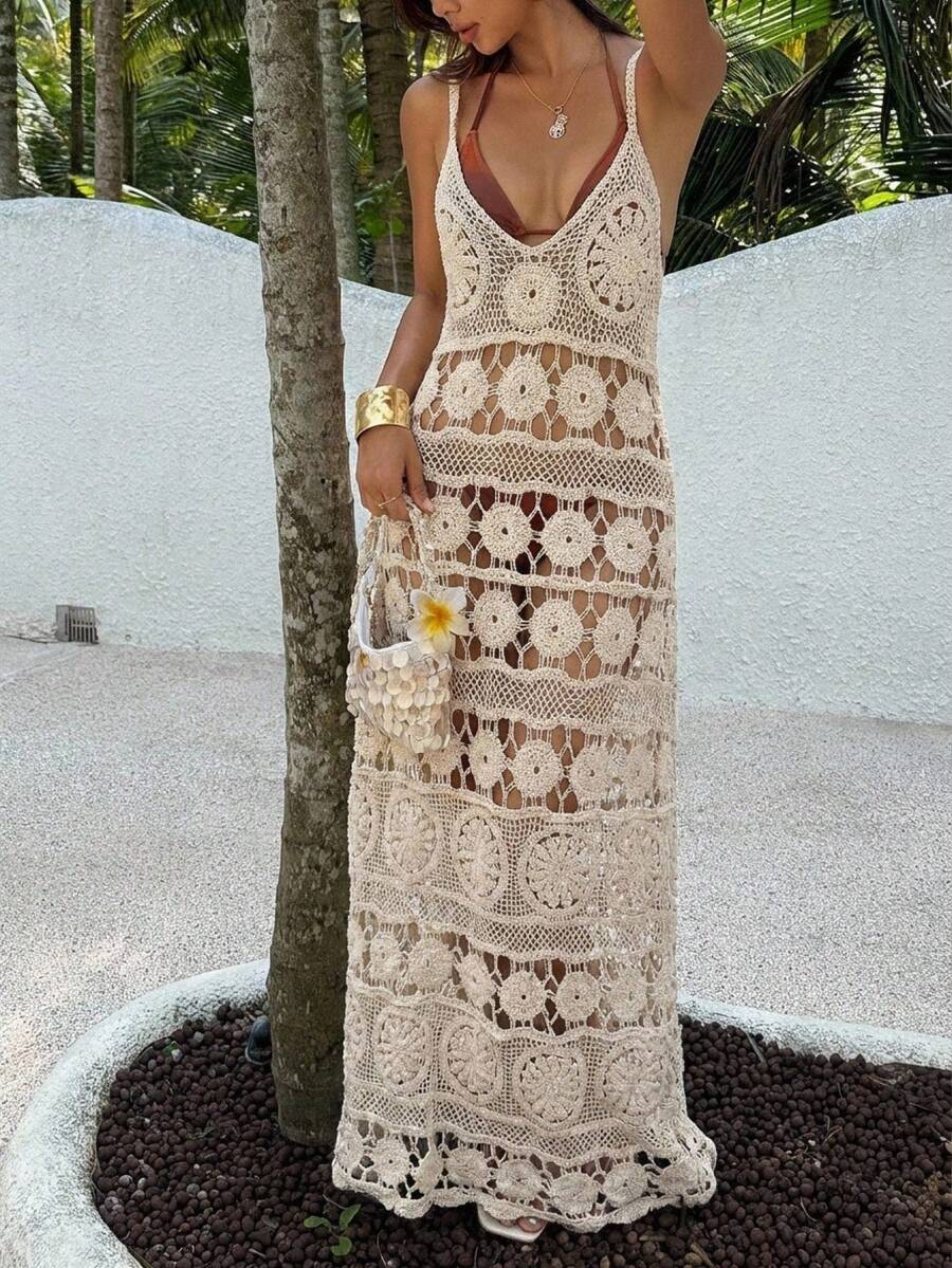 DAZY Vestido de playa informal de unicolor con diseño calado para mujer, ideal para cruceros - Albaricoque - Ver 1