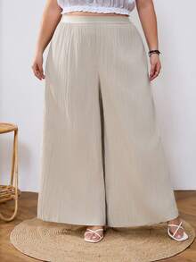 SHEIN CURVE+ Curve 尺码 US22 音乐节、海滨度假、波西米亚风女士夏季宽松纹理休闲度假阔腿裤 - 卡其色 - 查看 6