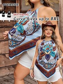 SHEIN CURVE+ 大尺碼女款花卉印花掛脖式不對稱下擺休閒百搭日常穿搭上衣 - 彩色 - 查看 2
