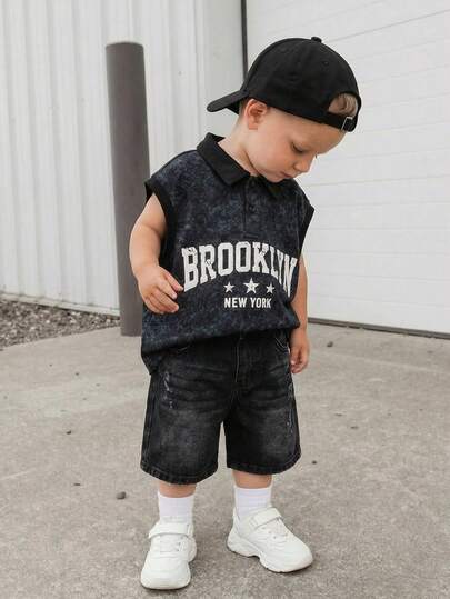 SHEIN 婴儿/男婴休闲时尚黑色扎染无袖针织polo衫，婴儿短袖上衣