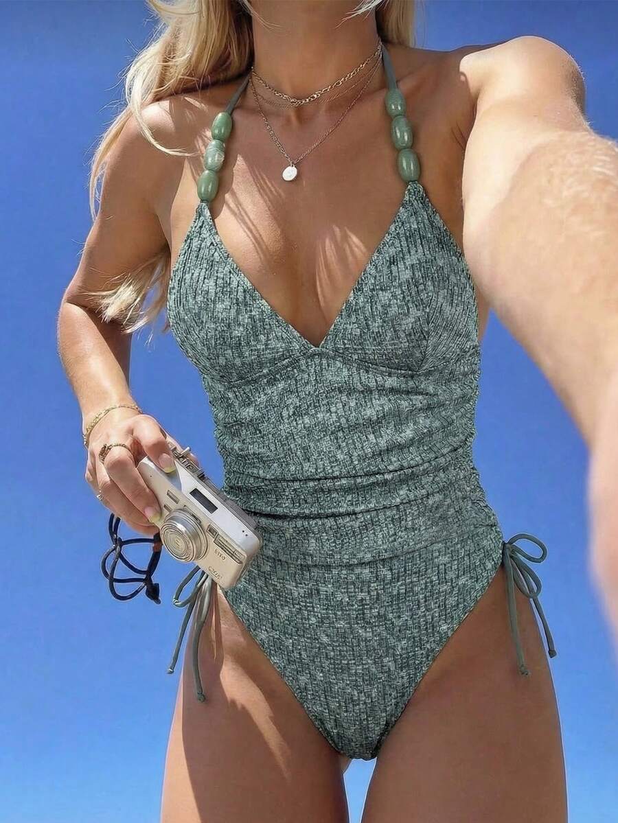 Swim Vcay 2026 New Women's Summer Beach Vacation Green Textured Halter Tankini Set Beaded Swimwear With Drawstring Side,2 Piece Swimwear, Vacation Swimsuits Woman - Blue - View 1