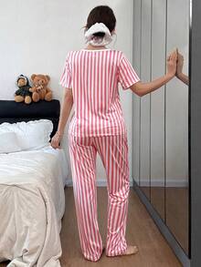SHEIN 粉色条纹蝴蝶结印花短袖长裤女士睡衣套装 - 彩色 - 查看 2