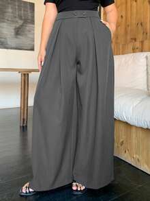 Dazy Plus 加大码宽松纯色阔腿双扣褶皱长款休闲裤，四季皆宜，女士正装裤，教师裤秋季 - 深灰色 - 查看 7
