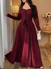 Auvina 女士优雅黑白深V领高低摆系带修身长袖连衣裙，大码，春秋季 - 酒紅色 - 查看 1