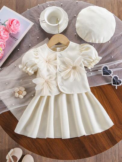 SHEIN Áo hoa tay phồng màu mơ cho bé gái, váy không tay kèm mũ, kiểu dáng thanh lịch và dễ thương, phù hợp cho mặc hàng ngày, đi làm, dự tiệc.